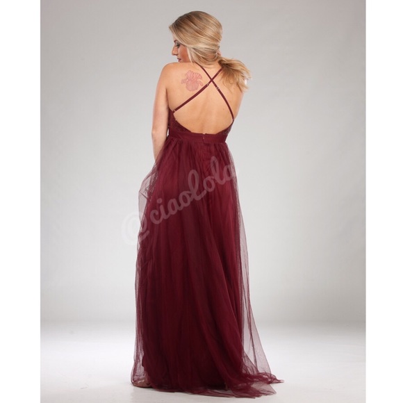 Holiday party dress. Wine tulle maxi dress - Picture 3 of 4